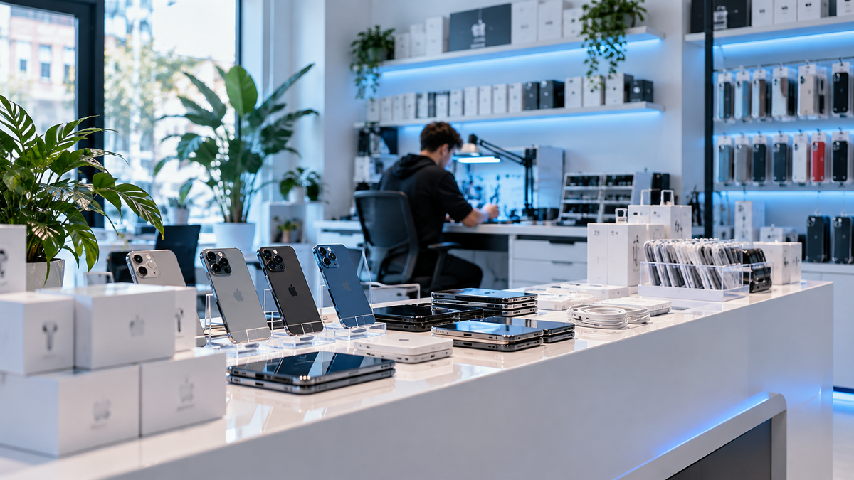 Interior moderno de una tienda profesional de tecnología y reparación